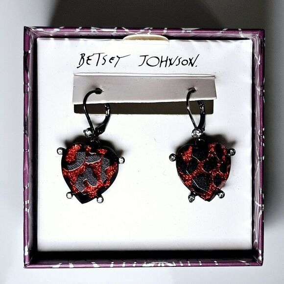 Betsey Johnson Glampire Red Glitter Lucite Leopard Heart Animal Print Earrings - Picture 5 of 5